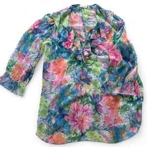 Vintage Miss Dior Coverall Robe Womens Medium Floral Sheer Ruffle Nightgown 80s